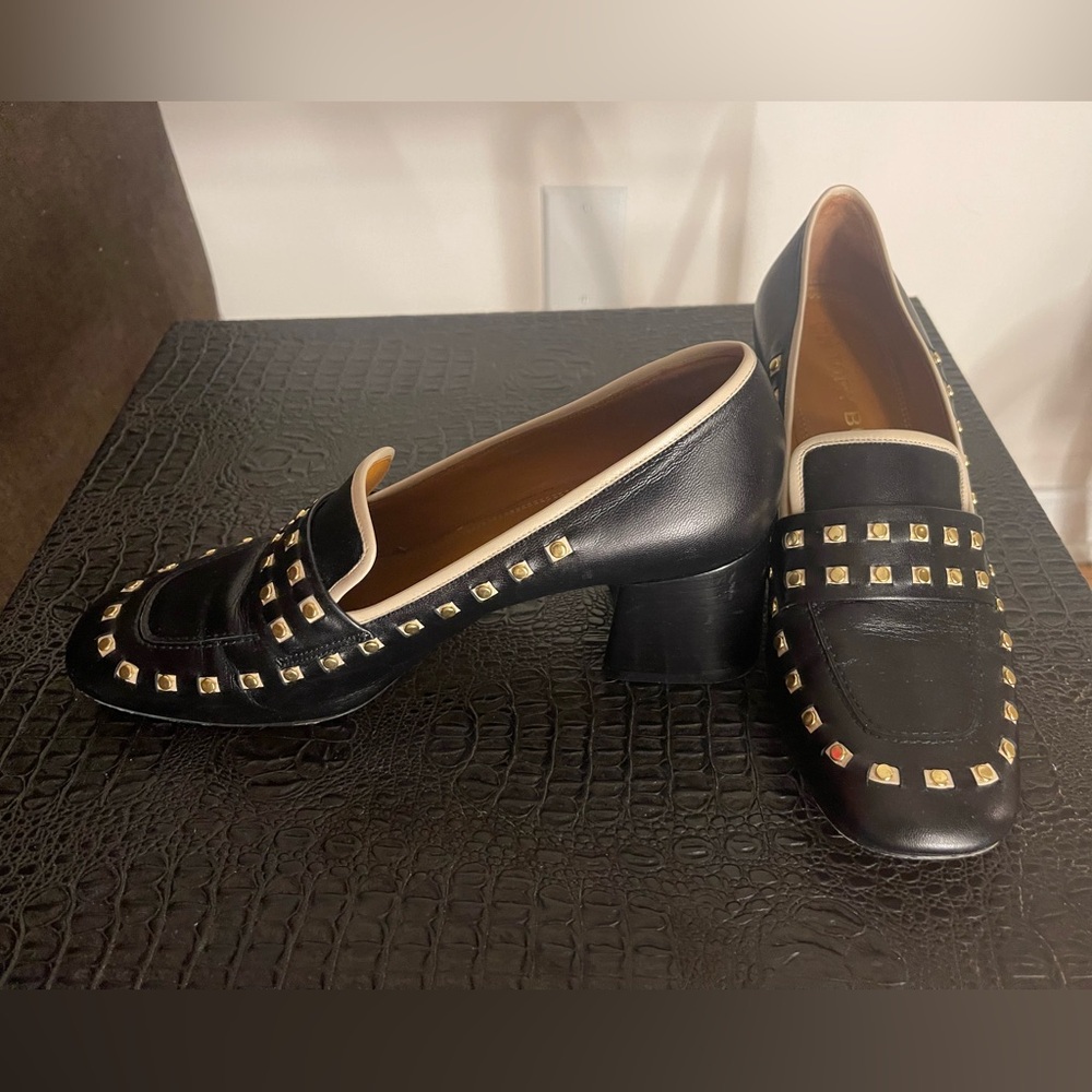 Tory Burch Black, Cream & Gold Studded Loafersl - Picture 3 of 9